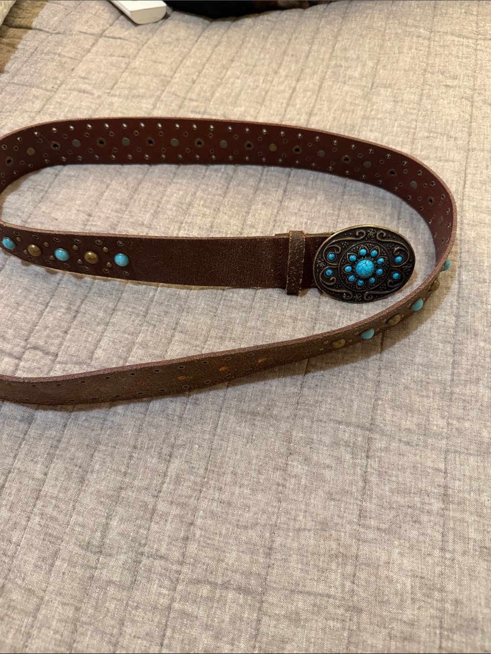 Brown Leather Belt with faux Turquoise Studs and Decorative Buckle